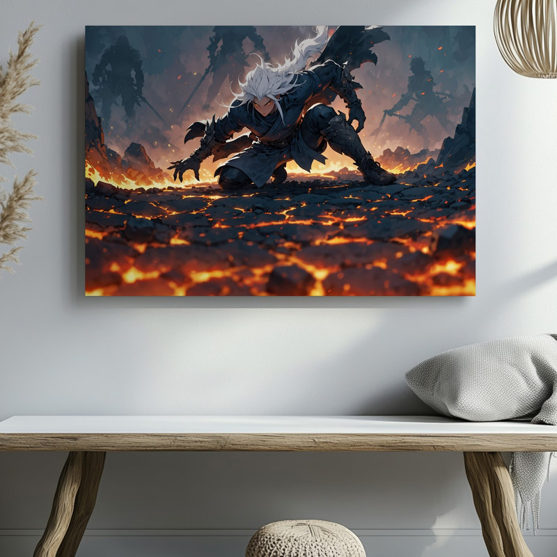 Toile, scène dynamique mettant en vedette un Guerrier stylisé dans un art dramatique, pose sur un terrain accidenté