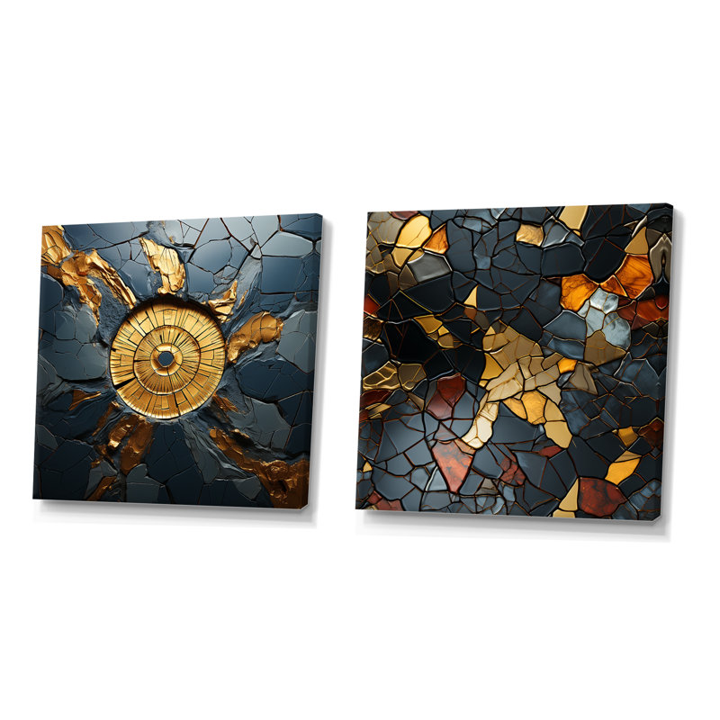 Carrelage mosaïque doré et noir I - ensemble de salon mural art abstrait, Toile tendue, H 16 po x l 33 po x P 1 po