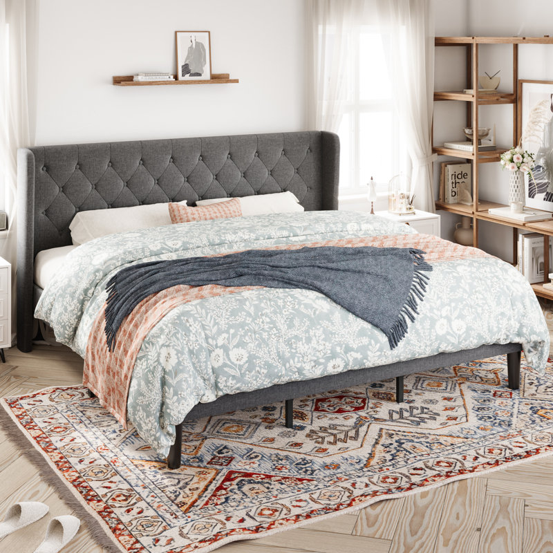 Walace Upholstered Wingback Bed, Dark Gray, King