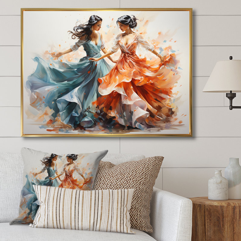 «Peach Blue Indian Art Kathak Dancers», reproduction d'art sur toile, H 12 po x l 20 po, Cadre flottant doré