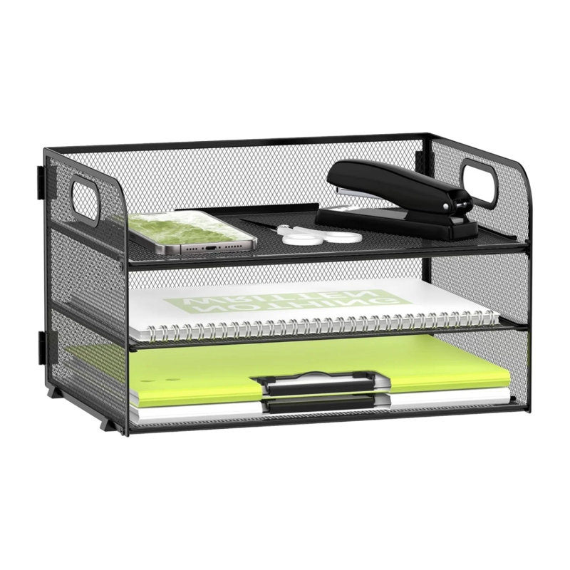 Organisateur de plateau de papier à 3 niveaux, organisateur de dossier en filet avec poignées, Noir