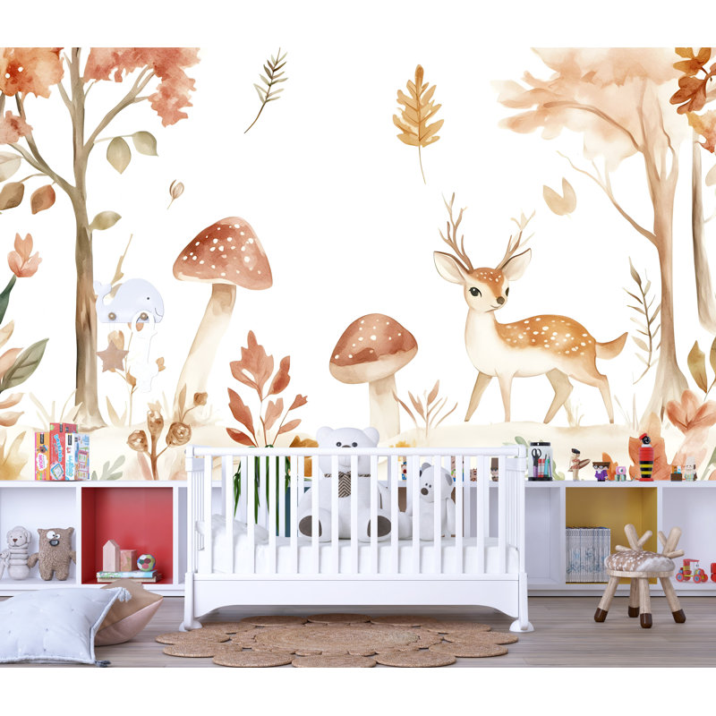 Papier peint d'automne forêt de cerfs - aquarelle, scène de forêt avec fauve, arbres, feuilles et champignons, peinture murale douce pour chambre d'enfant ou décoration rustique