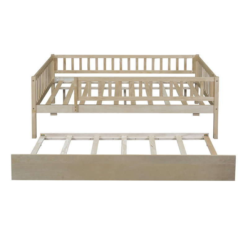 Wood Daybed With Trundle And Fence Guardrails, Natural, Full/Double