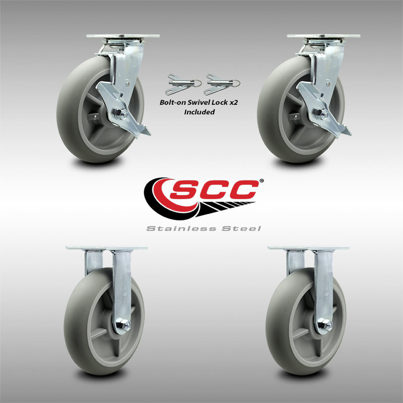 Stainless Steel Thermoplastic Caster Set with 2 Brake/Swivel Lock 2 Rigid