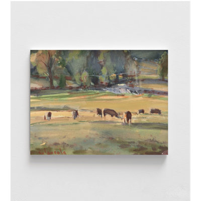 Grazing Cows Watercolor By Stephen Calcasola, Rural Scenery Poster Decor, Cowboy Bar Wall Art, Rustic Farmhouse Wall Art, Cow House Art