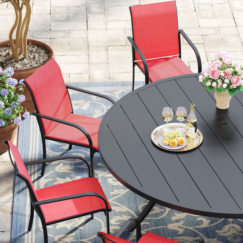 8-Person Round Patio Dining Set with 60" Dining Table and 8 Stackable PVC-coated polyester Chairs, Black/Red