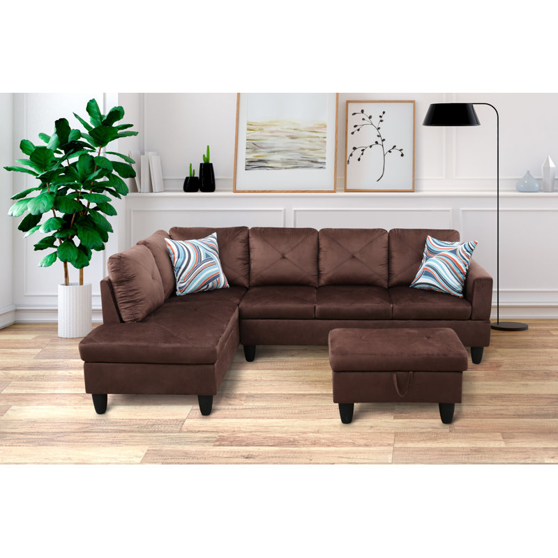 Stotfold Upholstered L-Shaped Sectional Right Hand Facing, Left Hand Facing, Stone Gray Velvet