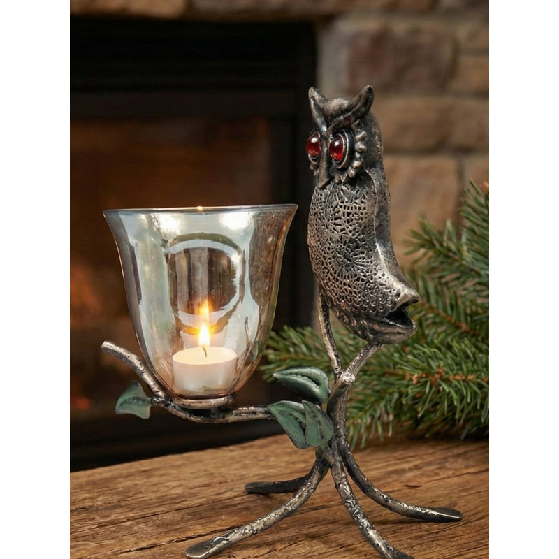 13" Handcrafted Iron Owl Candle Holder – Rustic Woodland Pillar Stand with Ruby Red Eyes