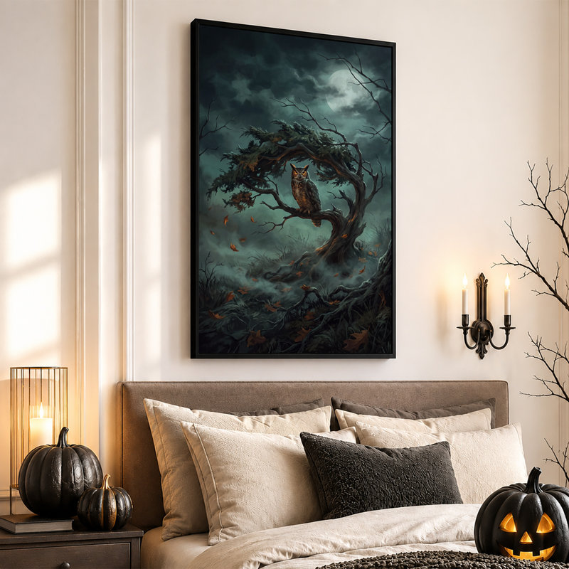 Hibou perché sur une branche d'arbre noueuse sous une toile murale d'Halloween, H 36 po x l 24 po