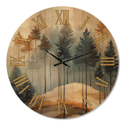 Misty Evergreen Forest II - Lodge Round Wall Clock, Printed on Wood