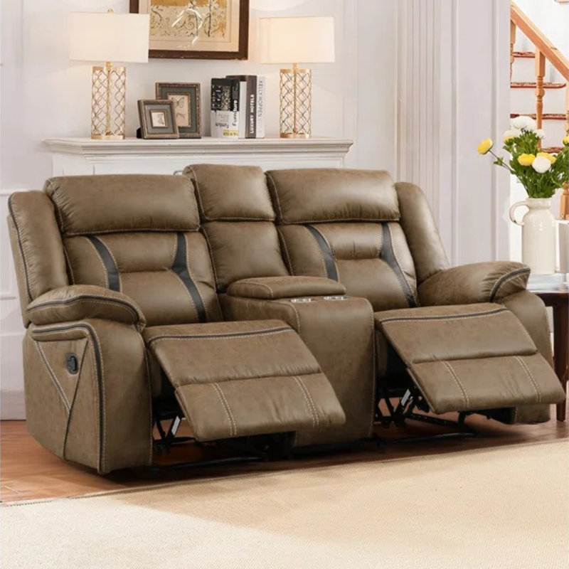 Canapé inclinable manuel en similicuir de 78 po de largeur avec porte-gobelet et rangement, Brun