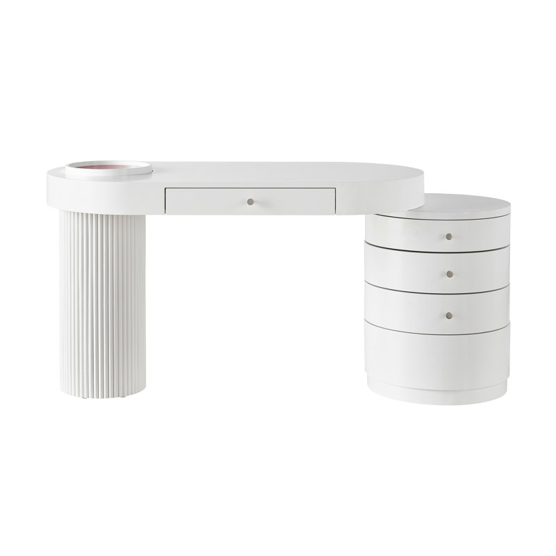 White Oval Desk with Fluted Column and Drawers