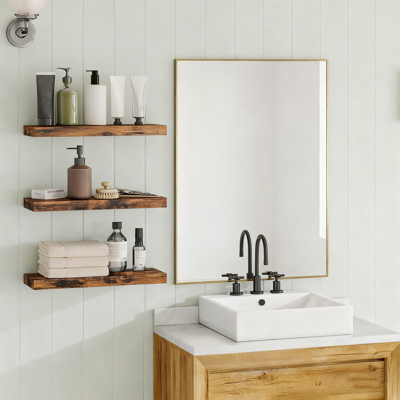 6 Pack 15.8 Inch Floating Shelves Set, Wood Grain MDF Wall Mounted Shelves With Hidden Brackets, Farmhouse Rustic Shelving For Bathroom Bedroom Kitchen Decor