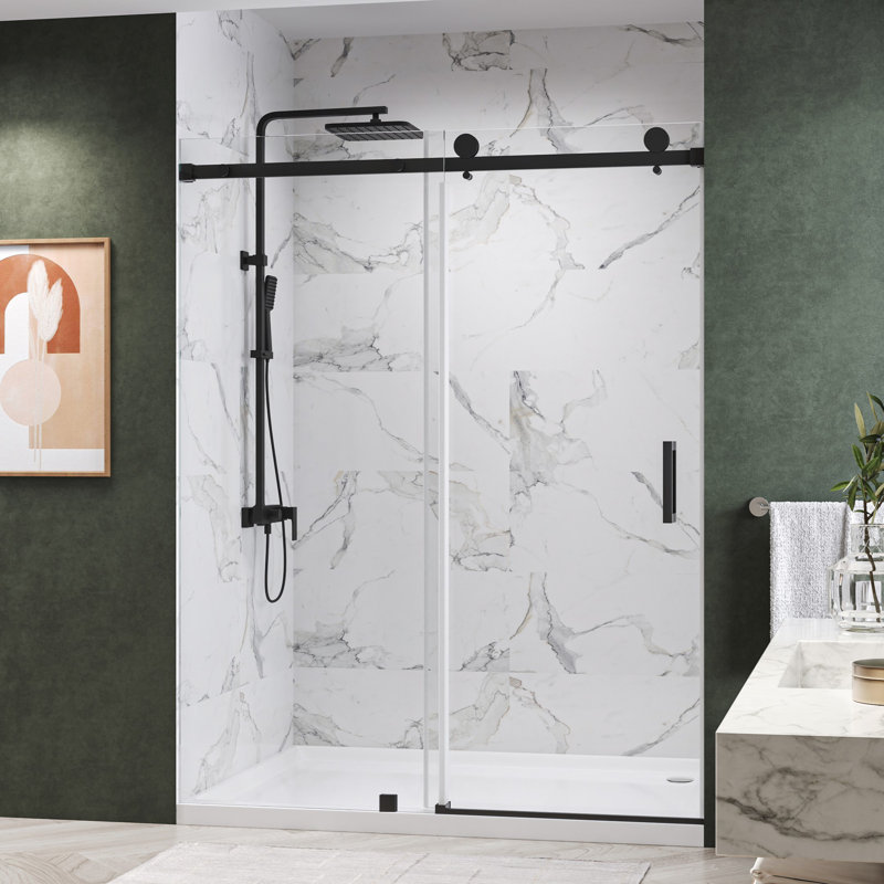 KW03 68 -72 In. W X 76 In. H Single Sliding Frameless Shower Door With 3/8 In. Clear Glass, Matte Black