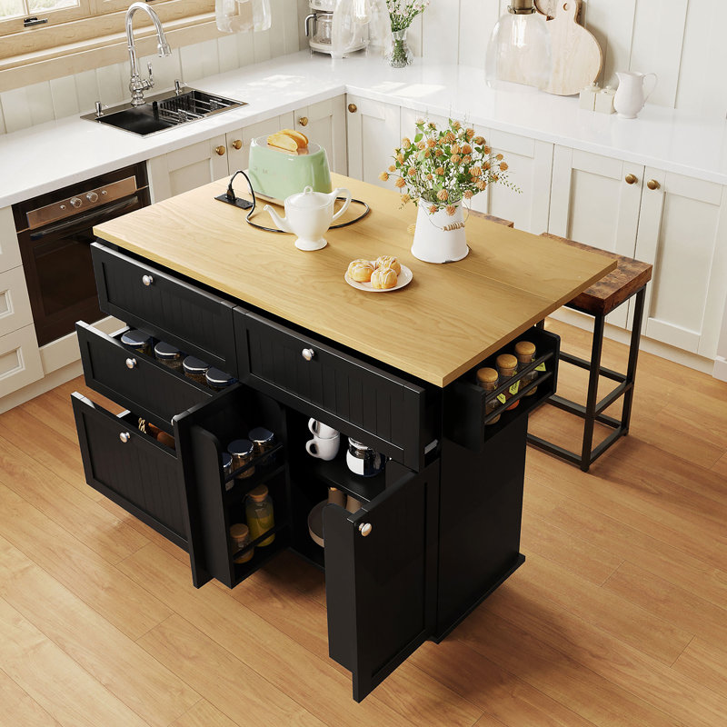 Îlot de cuisine Farmhouse avec abattant et 2 sièges, ensemble de table de cuisine avec armoire de rangement, tiroirs, tablettes de porte et prise de courant