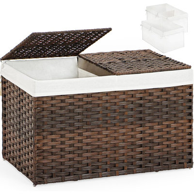 Panier de rangement avec couvercle, grand bac de rangement en osier avec 2 doublures amovibles, organisateur de couvertures en rotin PE avec cadre en métal, brun