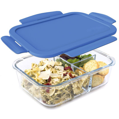 Glass Lunch Box - Leak-Proof Bento-Style Food Container With Airtight Lid And Divided 3-Compartment Design - 5 Cup Capacity For Meal Prepping, And Portion-Controlled Meals For Adults (Blue)