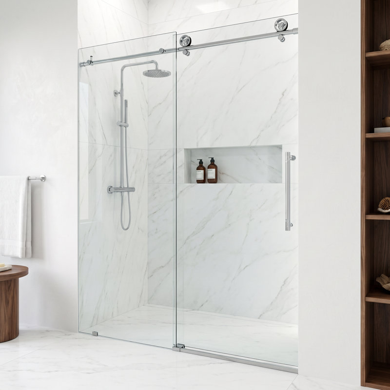 Porte de douche coulissante sans cadre avec verre transparent 3/8 po l 44 à 48 po x H 76 po Cass, Chrome