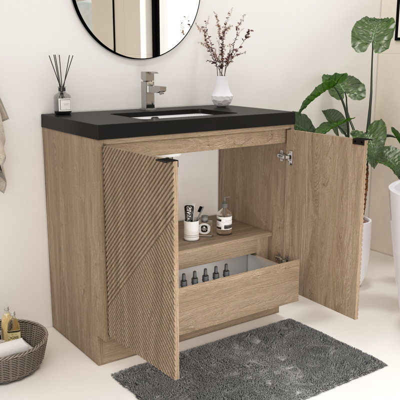Monterey 35.4" Freestanding Bathroom Vanity + Reinforced Black Acrylic Sink, Light Brown