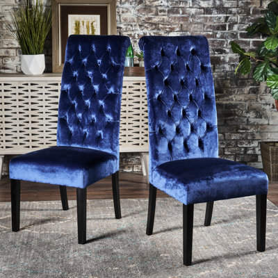 Ensemble de 2 chaises de salle à manger Marie, bouleau, velours bleu marine à haut dossier