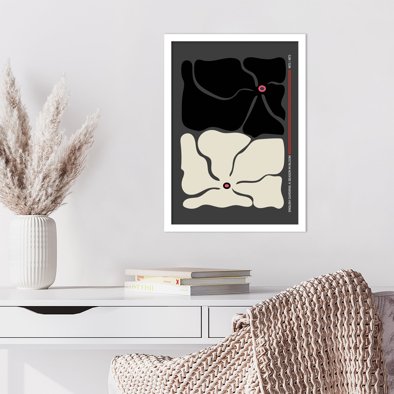 Two by Two Flower Grey Print, White, 21" H x 15" W x 1" D