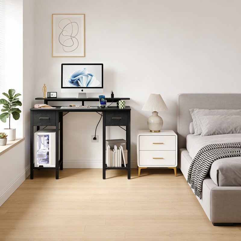 Bureau d'ordinateur noir avec tiroirs, bureau d'écriture de bureau à domicile de 42 pouces, bureau de jeu avec prises USB, bureau avec tiroir en tissu, table de travail avec tablette pour chambre à coucher, noir