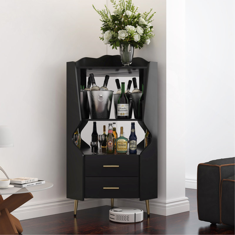 Sideboard Wooden Corner Bar Cabinet With 2 Open Storage Shelves And 2 Drawers, Mirrored Back Cabinet, High Feet/Legs For Easy Cleaning, Buffet Cabinet