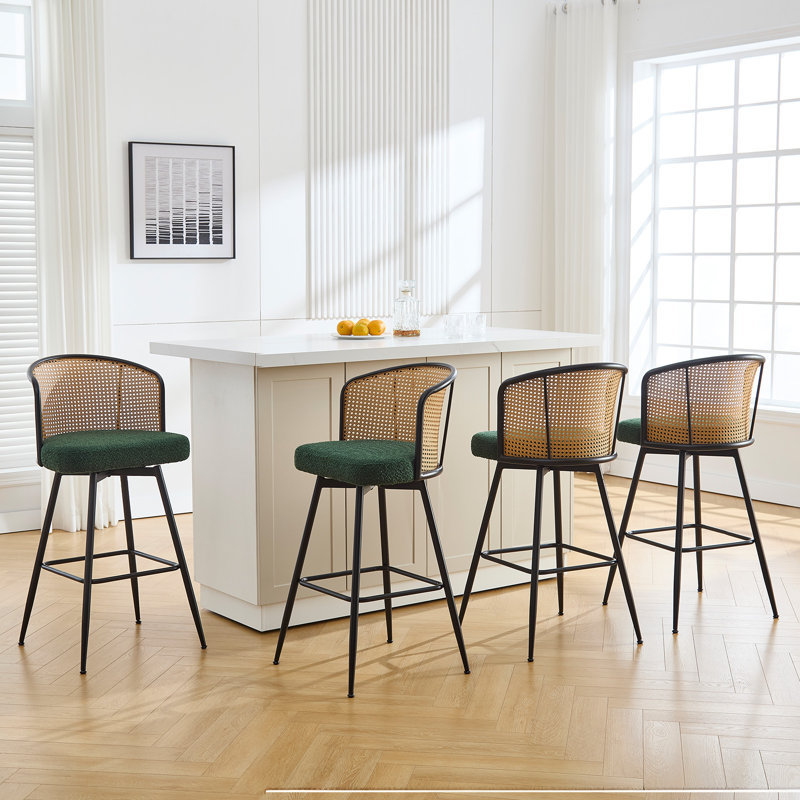 Green Boucle Fabric Swivel Bar Stools with Rattan Back and Metal Legs