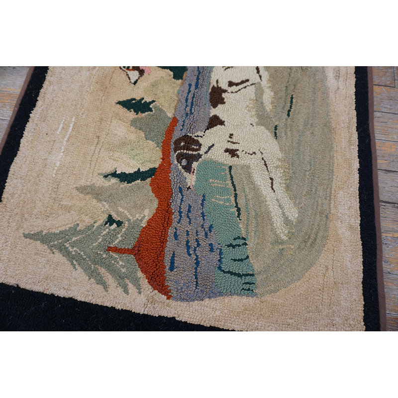 Antique Pictorial American Folk Art Dog Pattern Hooked Animal Rug