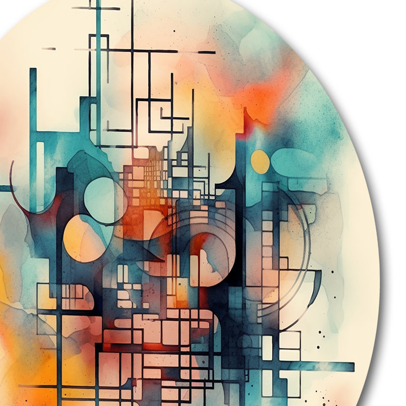 Orange Blue Abstract Maze II - Abstract Geometric Round Wall Art on Metal, 16" H x 16" W x 1" D