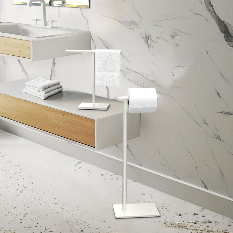 Porte-papier hygiénique sur pied / Porte-serviette sur pied de style T en nickel satiné, Blanc mat