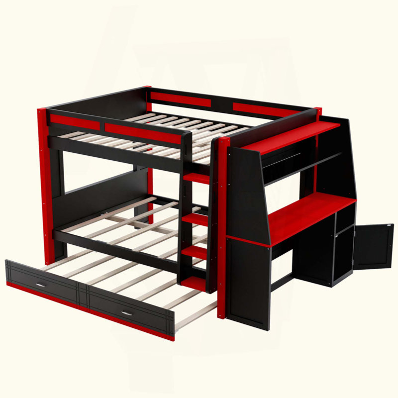 Lit superposé multifonctionnel avec lumière DEL, bureau et étagères, Gigogne