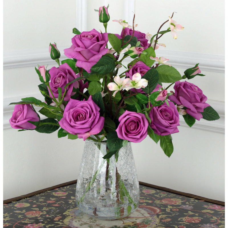 Roses dans un vase craquelé - 17 pouces, Lavande