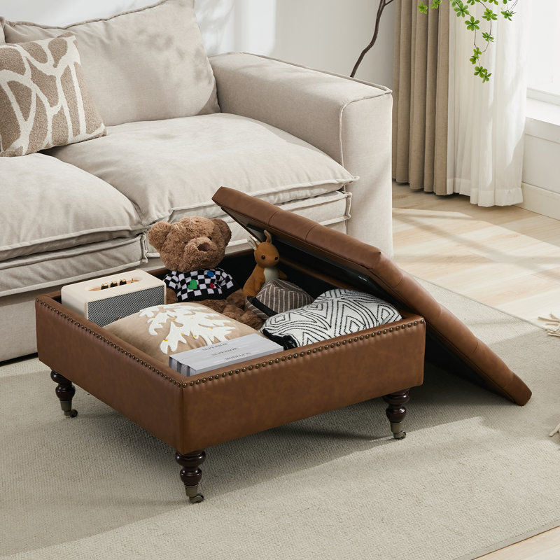 Daania Upholstered Square Tufted Storage Ottoman, Brown Leather