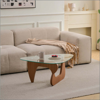 Table basse de style Mid-Century moderne, plateau central en verre avec base en bois aggloméré robuste, table d'appoint compacte pour petit salon