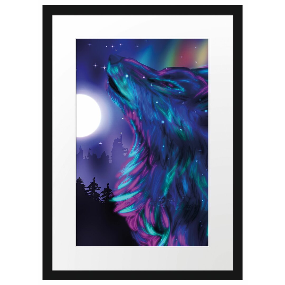 Gerahmtes Poster Abstrakter Wolf mit Mond