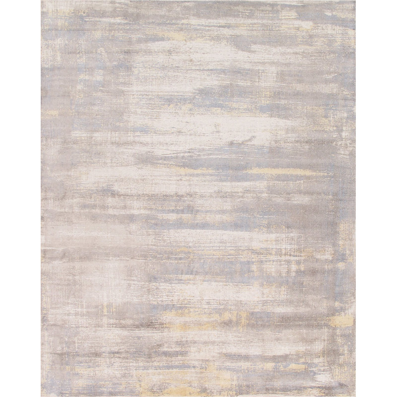 Tapis beige / gris en laine / soie tissé à la main, Rectangle de 10 pi x 14 pi
