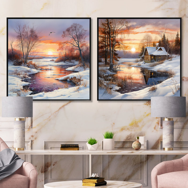 "Le charme du lever du soleil en hiver" 2 pièces, Cadre noir, H 16 po x l 33 po
