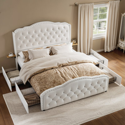  Maber Upholstered Full Bed with 4 Drawers, Storage Platform Bed with 2 Bedside Tables , Velvet Wingback Bed, No Boxing Spring Needed, Beige