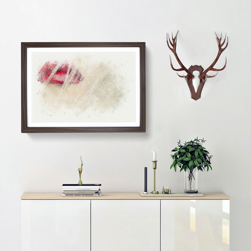 Pink Lips in Abstract - Framed Print, 35cm H x 50cm W x 2cm D, Walnut