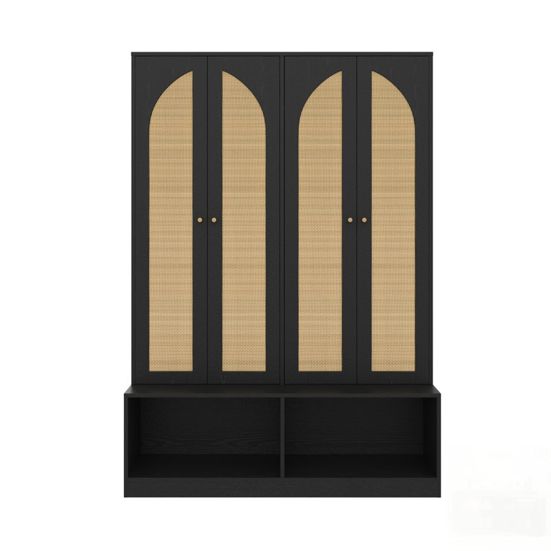 Farmhouse Hall Tree With Rattan Doors, Versatile 4-In-1 Seating Bench, 6 Hooks, Mid-Century Entryway Shoe Cabinet, Black