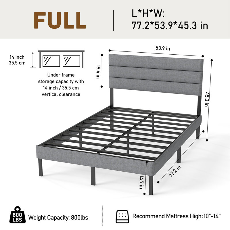 Base de lit tapissier pleine grandeur avec tête de lit, aucun sommier requis, rangement sous le lit 14 po, Gris / Noir, Full