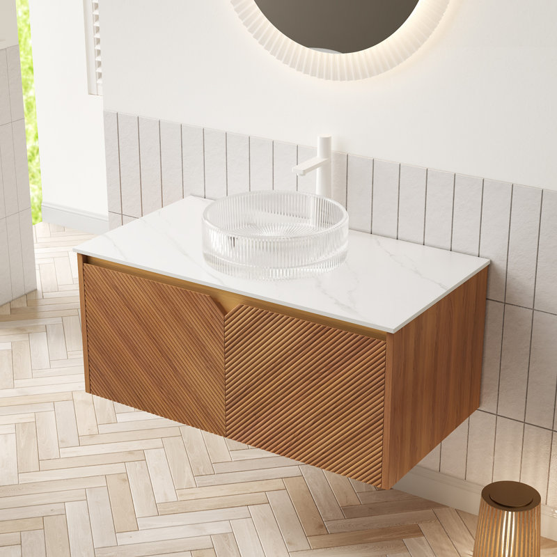 Meuble-lavabo 48 po, meuble-lavabo mural en contreplaqué flottant, portes doubles en sergé avec garniture en métal, vasque en céramique noire avec motif en pierre et plateau en pierre frittée noire, noir