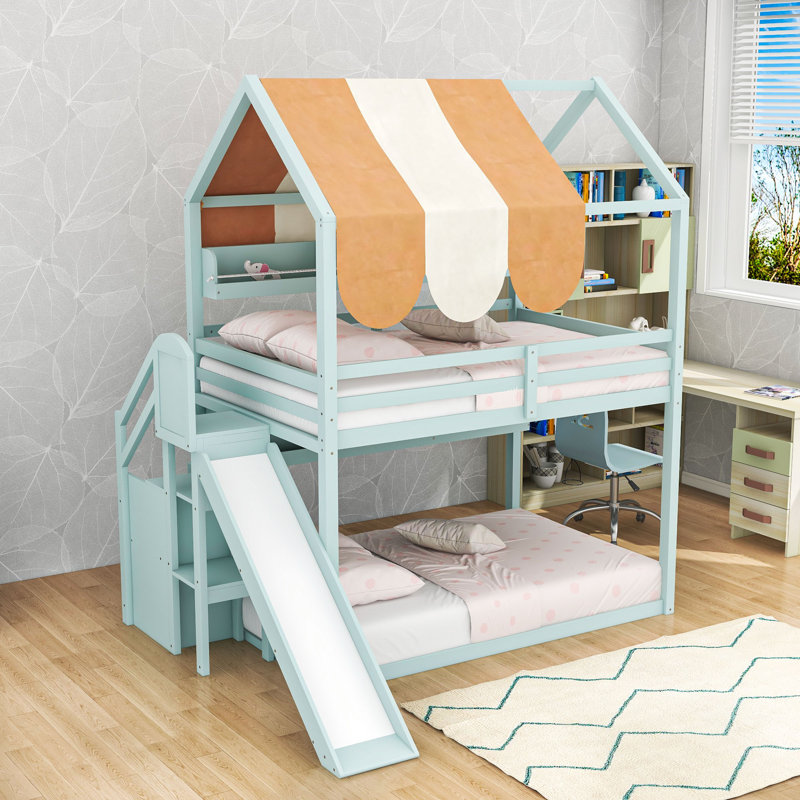 Lit mezzanine double avec auvent, glissade, tablettes, garde-corps et escalier de rangement, Vert clair