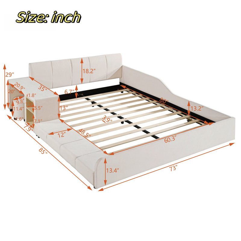 Xannon Upholstered Grounded Bed with Bedside Desk and Little Round Stool, Beige