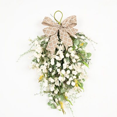 24" Artificial Farmhouse Spring Summer Greenery Eucalyptus Faux White Petals Burlap Bow Teardrop Swag Front Door Wreath Wall Décor