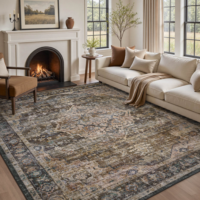 Machine Washable Vintage Floral Area Rug For Living Room, Bedroom, Rectangle 9' x 12'