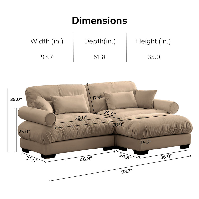 Canapé moderne à trois places en velours avec accoudoirs cylindriques, coussins de taille et de coussin, siège enveloppant et confort, avec repose-pieds assorti.