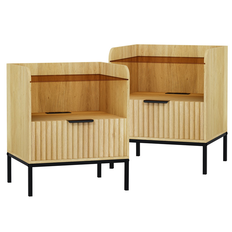 Table de chevet moderne avec station de charge et plateau en verre Arlen - Table de chevet 1 tiroir, 2 pièces, Noir / Beige