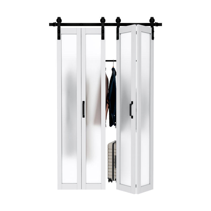 84'' Solid Manufactured Wood Glass Bi Fold Sliding Barn Door with Installation Hardware Kit, 50" x 84"